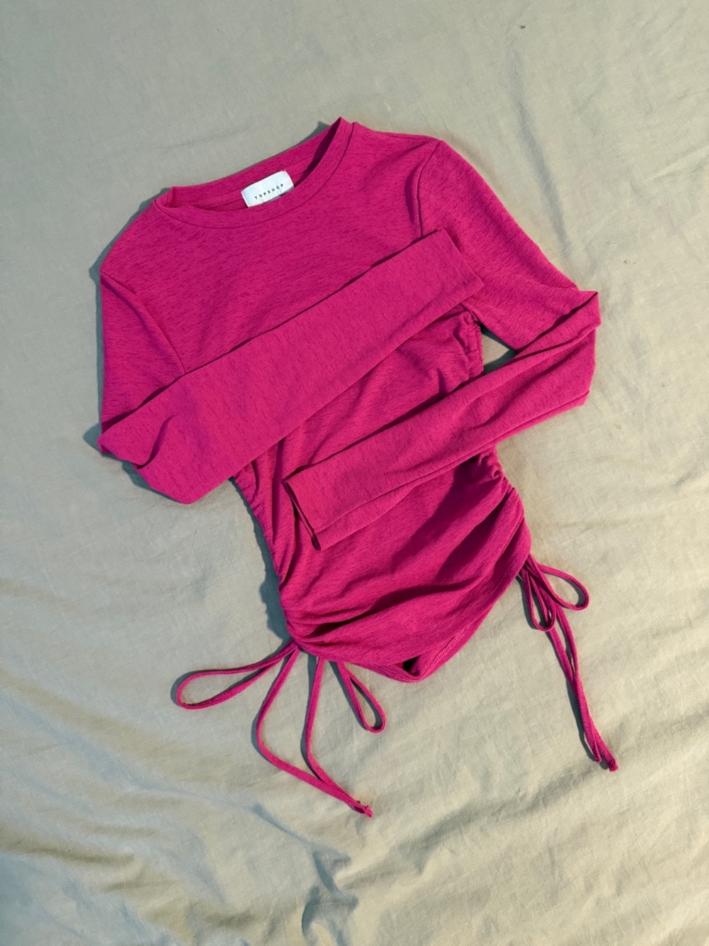 Topshop Long-Sleeve Ruched Side-Tie Top - Hot Pink